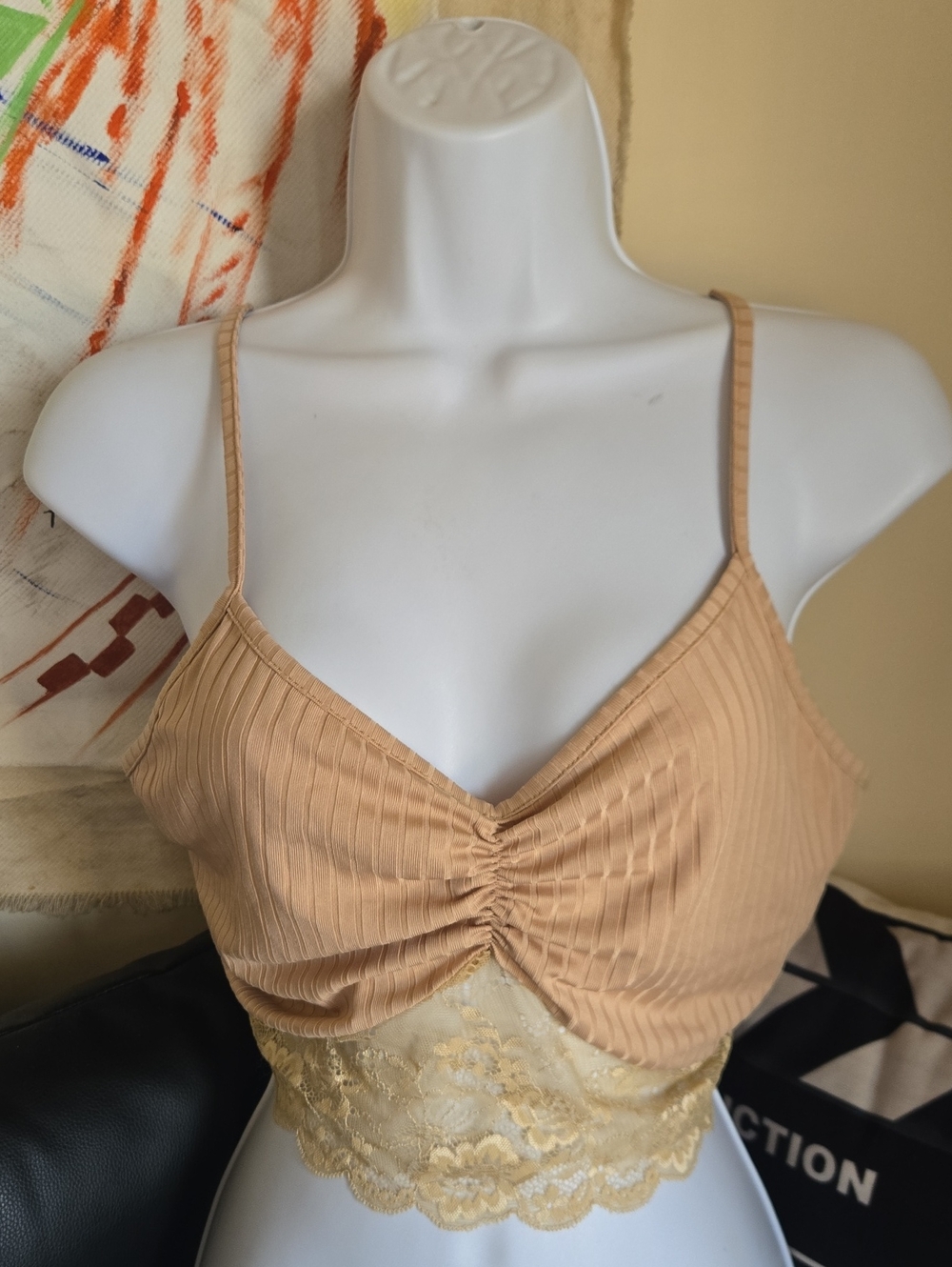 Ribbed Lace-Trim Nude Camisole Bralette